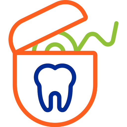 Tooth icon in orange shield with green toothbrush and floss dental care illustration