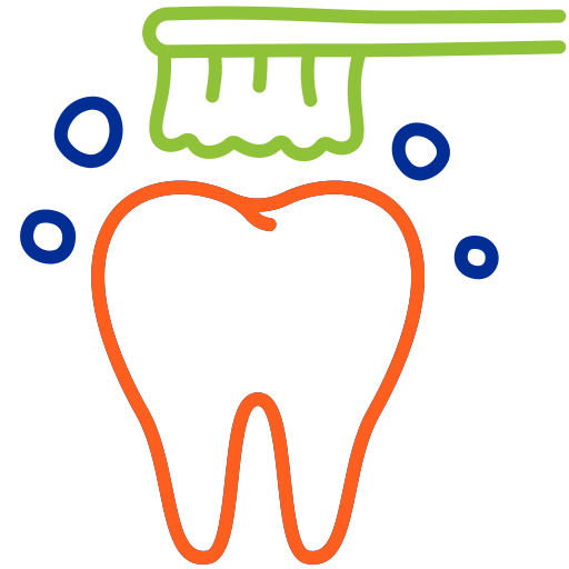 Tooth illustration with dental mirror and blue circles representing pediatric dental care icon.