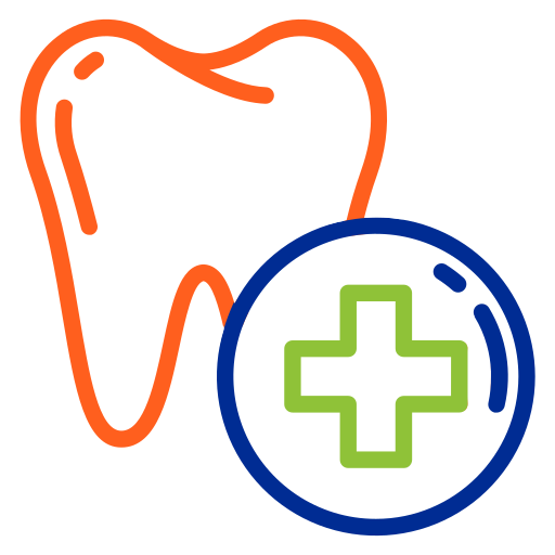 Orange tooth outline with blue circle containing green medical cross symbol for pediatric dental care.