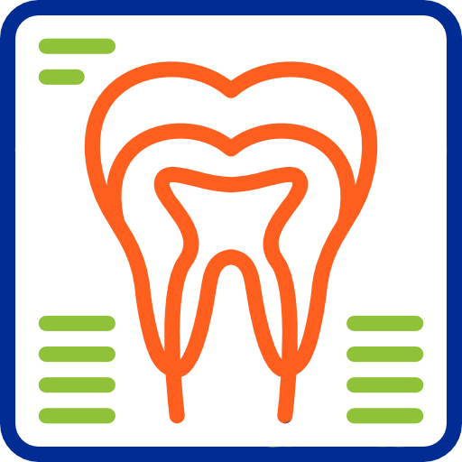 Orange tooth diagram with green text lines on white background for pediatric dental practice.
