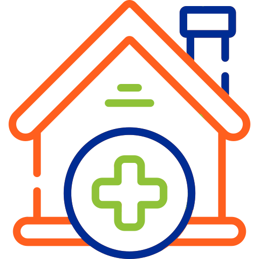 House with medical cross symbol and antenna representing pediatric dental healthcare services.