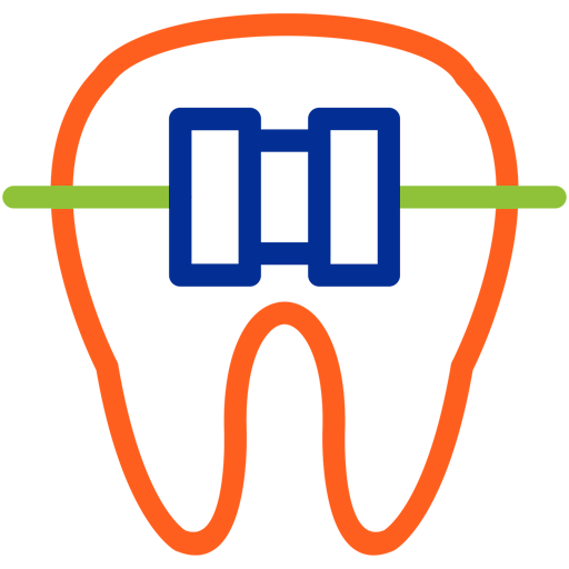 Tooth icon with blue braces and green horizontal line representing orthodontic dental treatment.