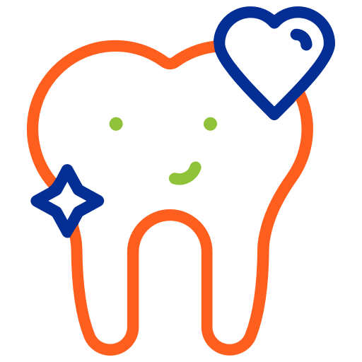 Stylized tooth illustration with heart and star symbols representing pediatric dental care and love for children's dentistry.