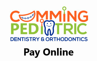 Cumming Pediatric Dentistry & Orthodontics logo with "Pay Online" text and smiling tooth character icon