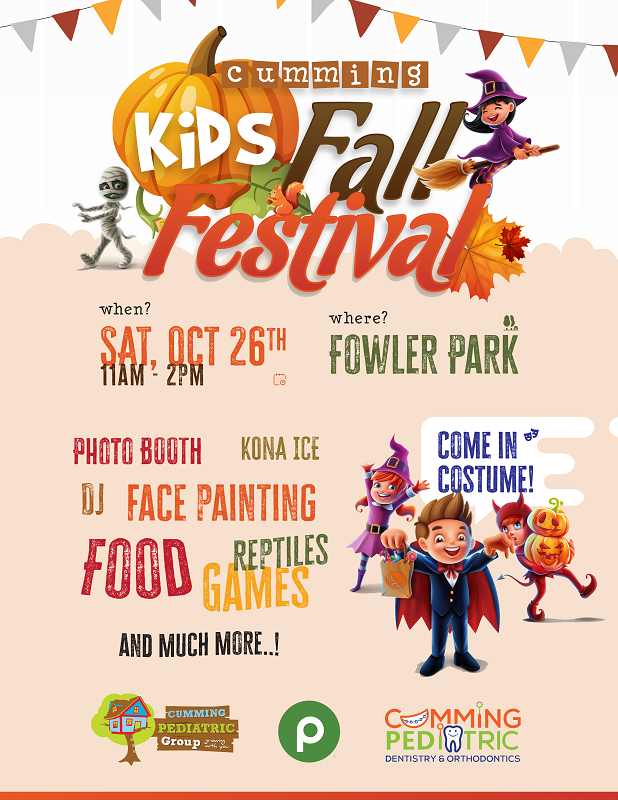Colorful fall festival flyer advertising kids' activities, food, and entertainment on October 26th at Fowler Park.
