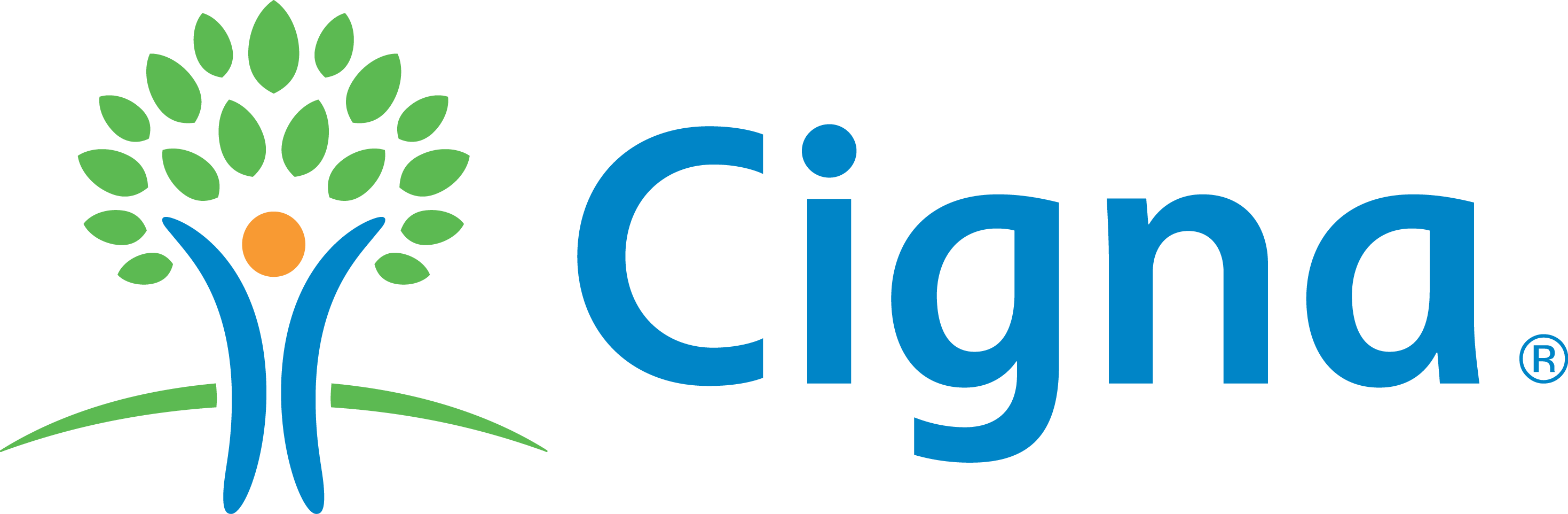 Cigna logo featuring stylized blue figure with green leaf design above.