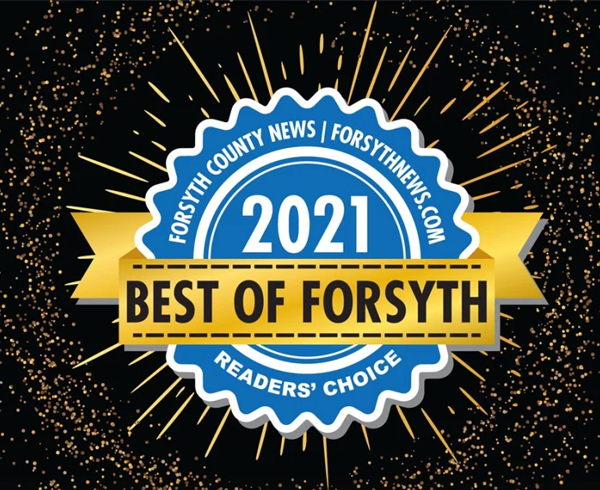 2021 Best of Forsyth award badge with gold starburst and blue seal on black background.