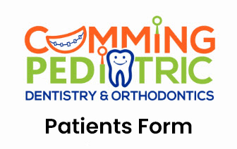 Cumming Pediatric Dentistry & Orthodontics logo with smiling tooth character and "Patients Form" heading.